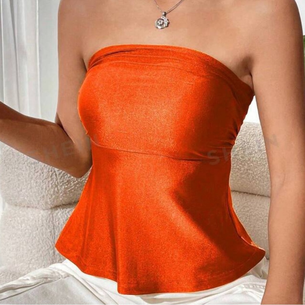 SHEIN Privé Women's Solid Color Bandeau Top With Waist Pleats